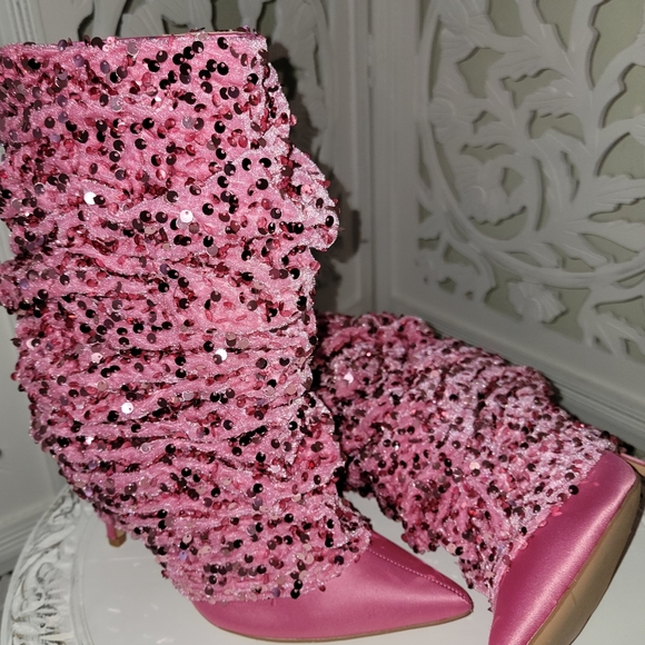 Custom Order "THEA" Pink Sequin Velvet & Satin Ankle Boots - Picture 7 of 7